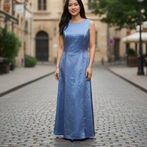 VTG After Six Blue Satin Evening Gown Size 6 Long Dress Back Button Detail USA